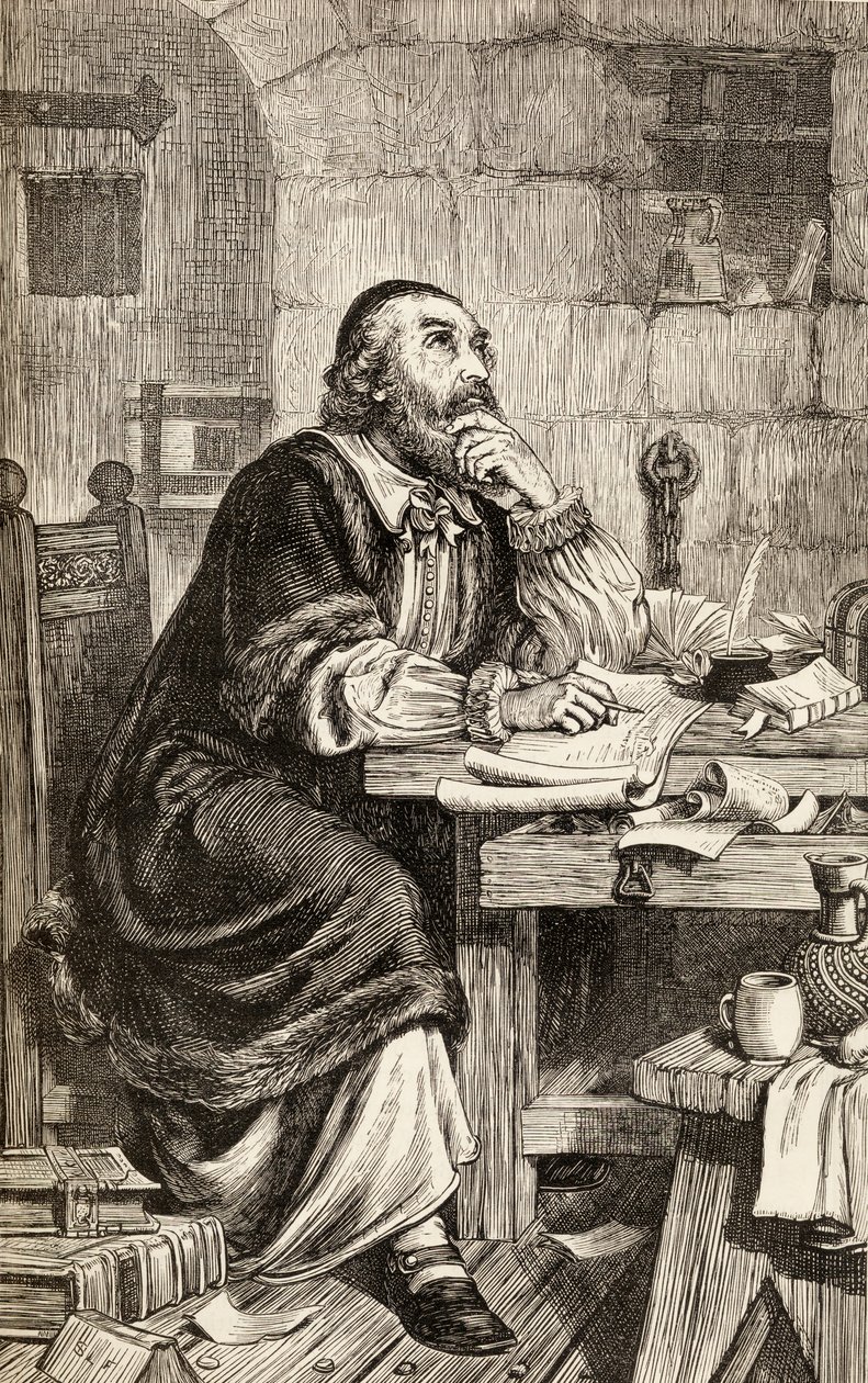 Nicholas Ridley escrevendo cartas na prisão enquanto aguarda sua execução, c.1865 (gravura em madeira) de English School