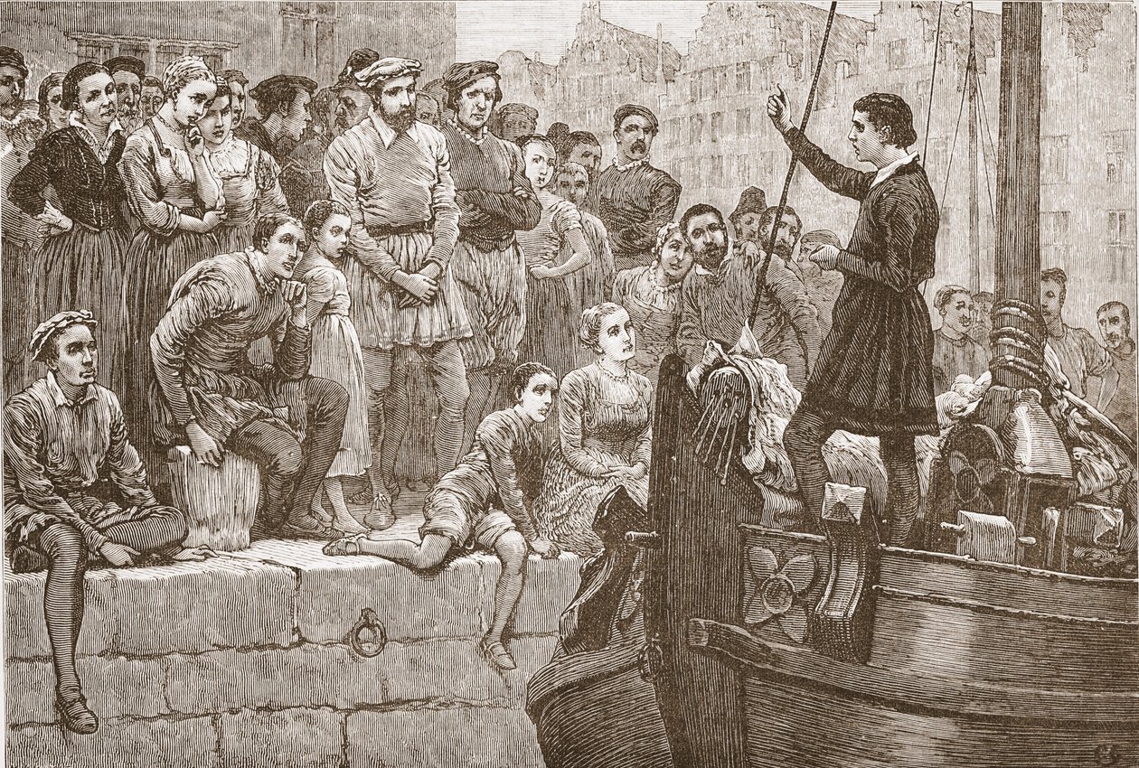 Nicholas que preaching à multidão de um barco no Scheldt, ilustração da história do protestantismo por James Aitken Wylie (1808-1890), bar. 1878 de English School