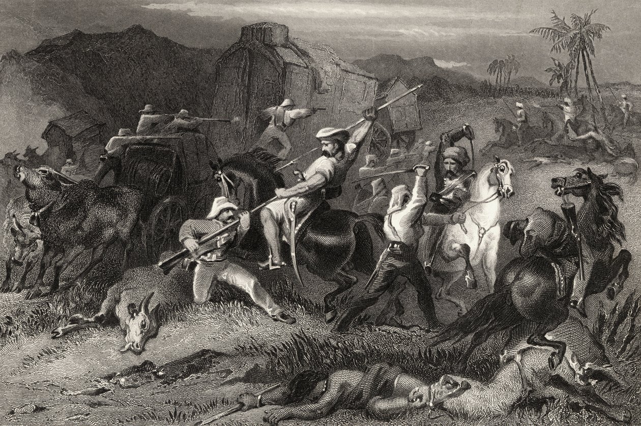 Night Sortie e ataque a vagões de bagagem, de "A História do Motim Indiano", publicado em 1858 de English School