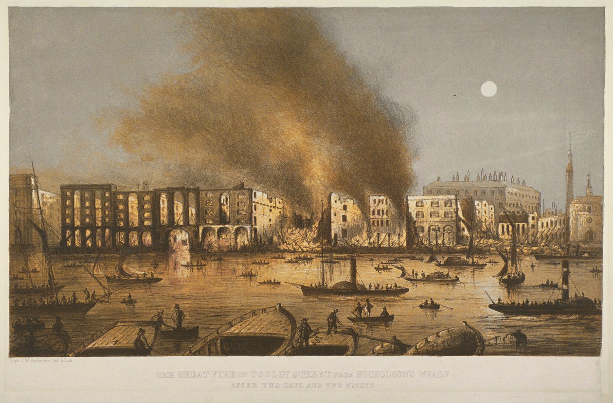 Visão noturna do incêndio de 1861 em Tooley Street, Bermondsey, 1861 de English School