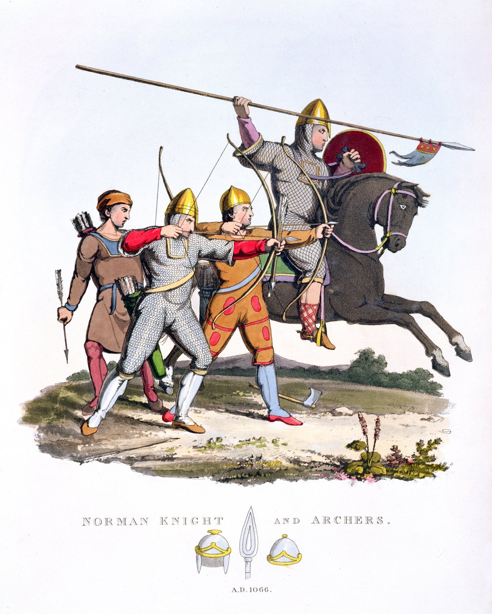 Norman Knight and Archers, 1066, da Ancient Armor, de Samuel Rush Meyrick, 1824 de English School