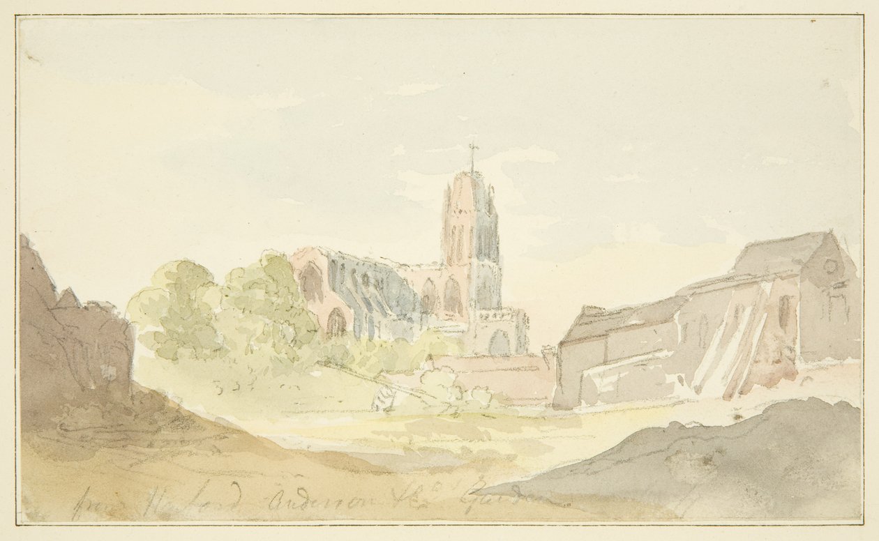 Vista nordeste de St Mary Redcliffe de Harford Anderson Garden (lápis e aguarela sobre papel) de English School