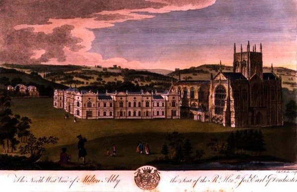 Vista noroeste da Abadia de Milton, sede do Honorável Joseph, Conde de Dorchester, gravada por Edward Rooker (c.1712-74) de English School