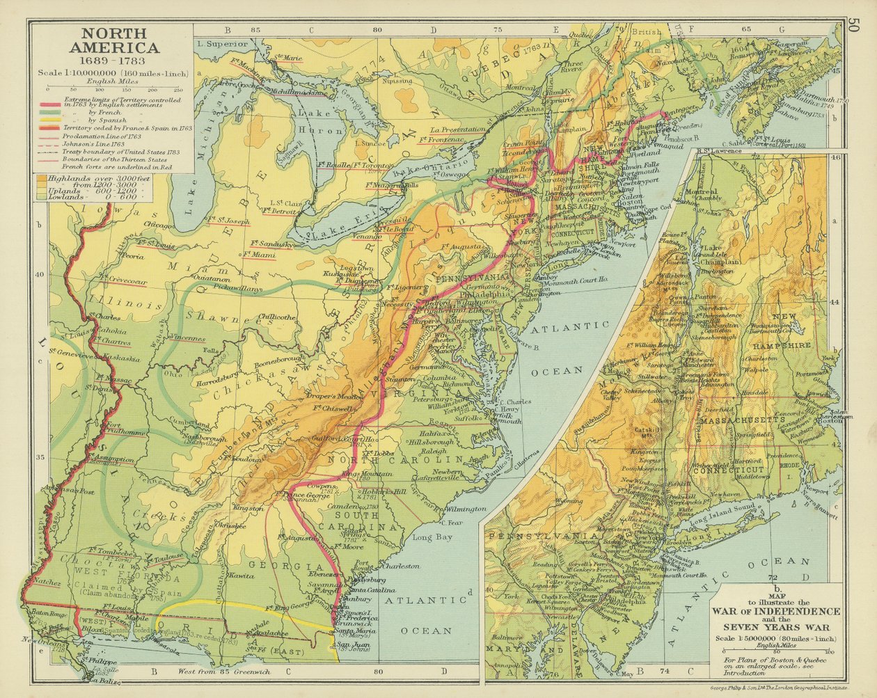 América do Norte 1689-1783 (litografia a cores) de English School