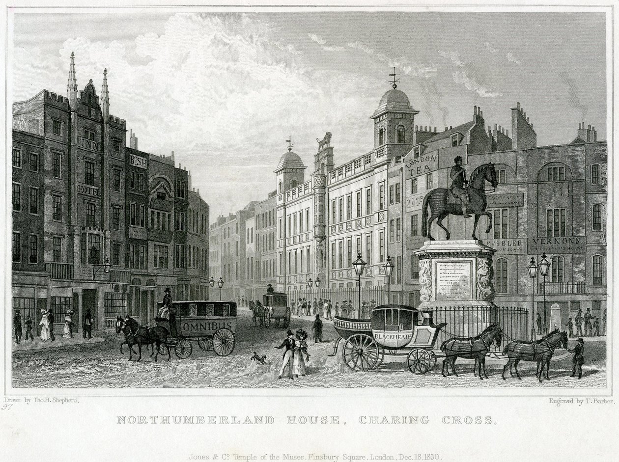 Casa de Northumberland, Charing Cross. Bishs Lottery Office, no 9 Charing Cross, fica ao lado do Golden Cross Hotel de English School