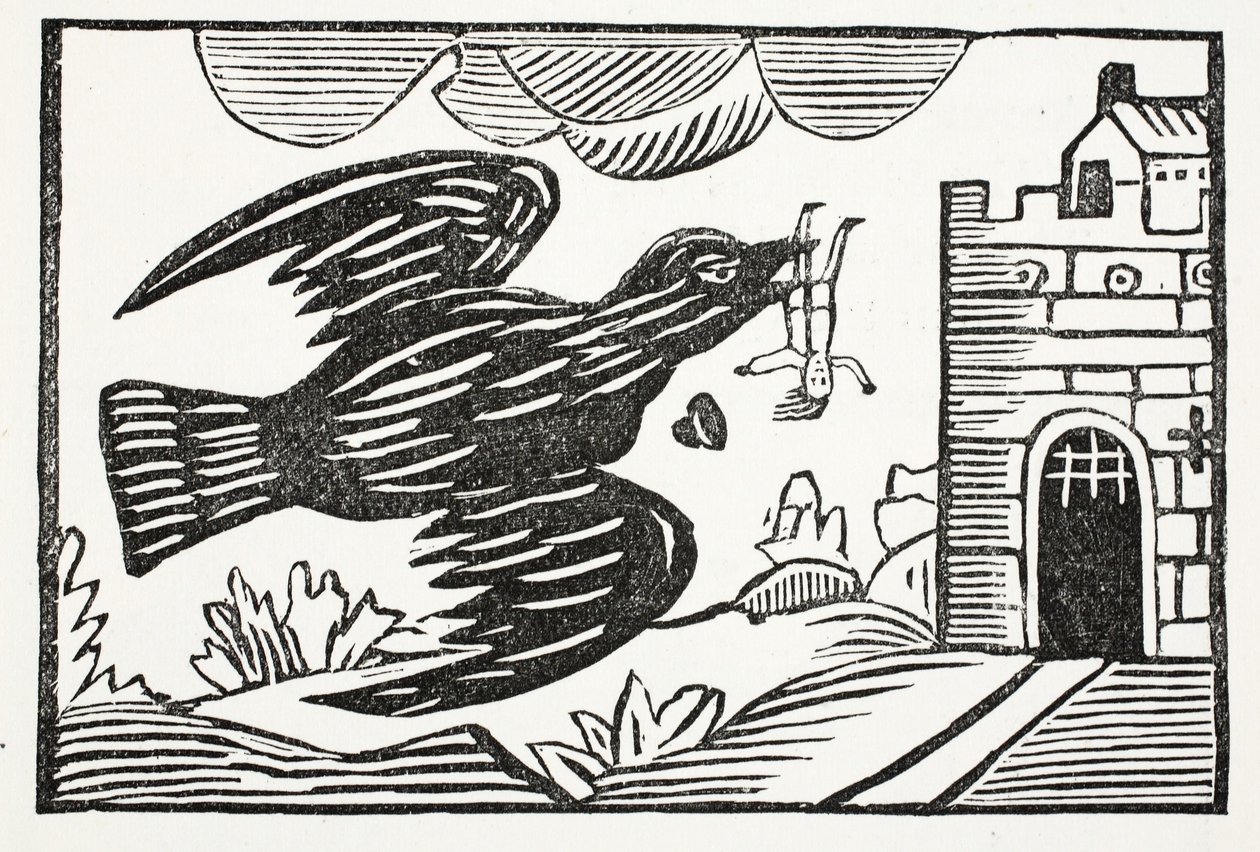 Agora, por um corvo de grande força, o pobre Tom foi levado, ilustração de Chap-livros do século XVIII por John Ashton, pub. 1882 de English School