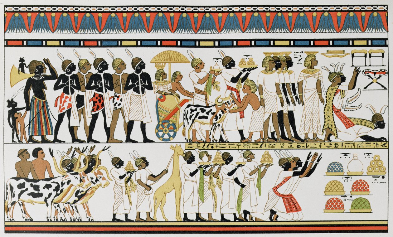 Chefes núbios trazendo presentes ao rei do Egito, cópia de uma pintura de parede egípcia antiga de um túmulo em Tebas, c.1380 aC, de The History of Mankind, Vol.III, pelo Prof. Friedrich Ratzel, 1898 de English School