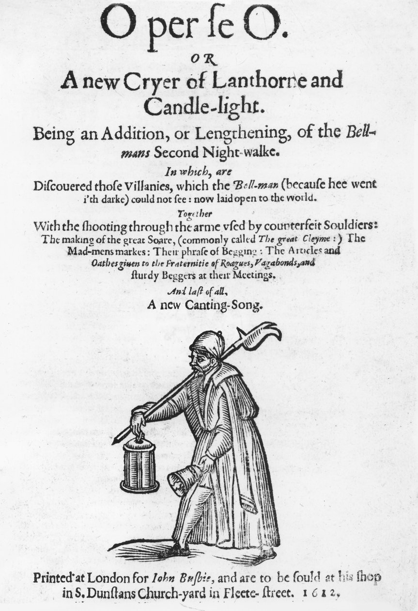 O per se O, ou A New Cryer of Lanthorne e Candle-Light, capa de um livro, impresso por John Busbie, 1612 de English School