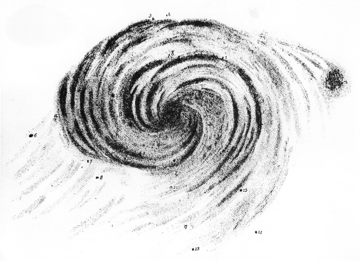 Observação da galáxia de redemoinho em Canes Venatici, de Observations of Nebulae, de Lord Rosse, publicada em Londres, 1850 de English School
