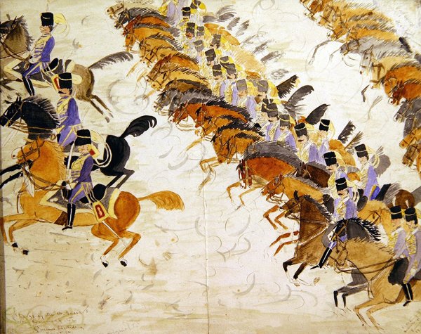 Oficiais a galope a cavalo, c.1840 (aguarela sobre papel) de English School