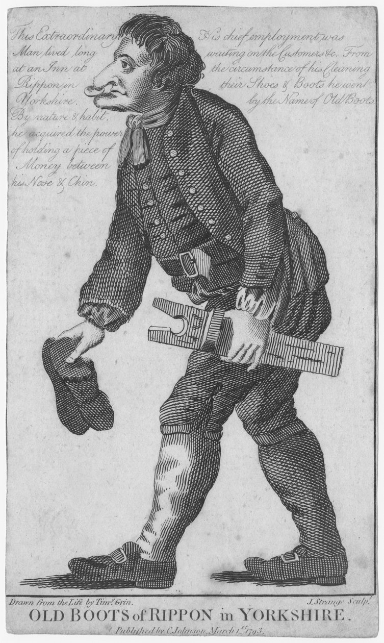 Botas antigas de Rippon em Yorkshire, gravadas por J. Strange (século XVIII) depois de um desenho de Timothy Grin, publicado por C. Johnson, 1793 de English School