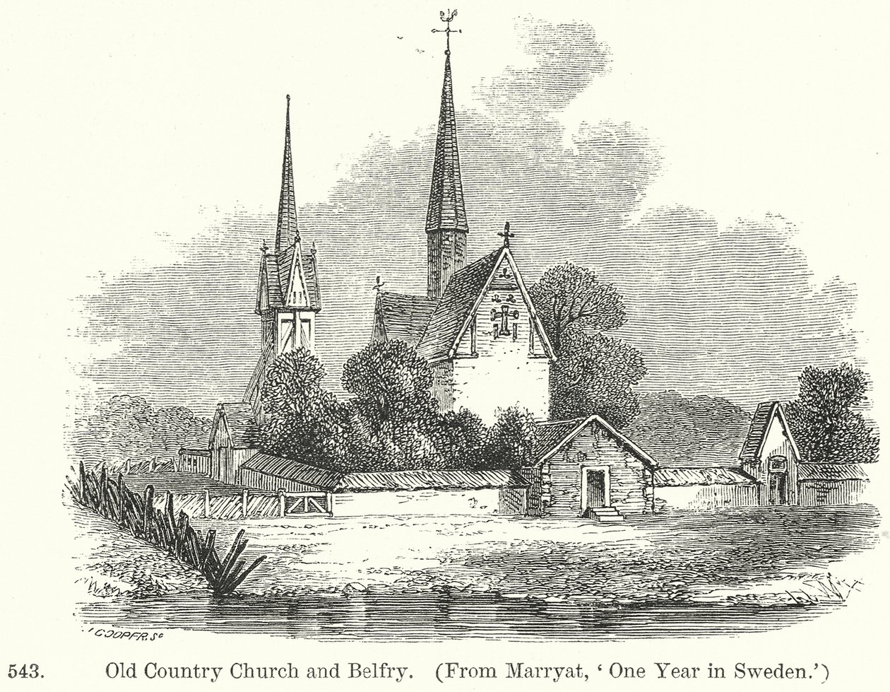 Igreja e campanário do país antigo (gravura) de English School