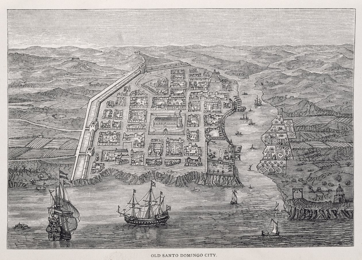 Antiga cidade de Santo Domingo na época da expedição de Drake, de "Santo Domingo Past and Present", de Samuel Hazard, pub. 1873 de English School