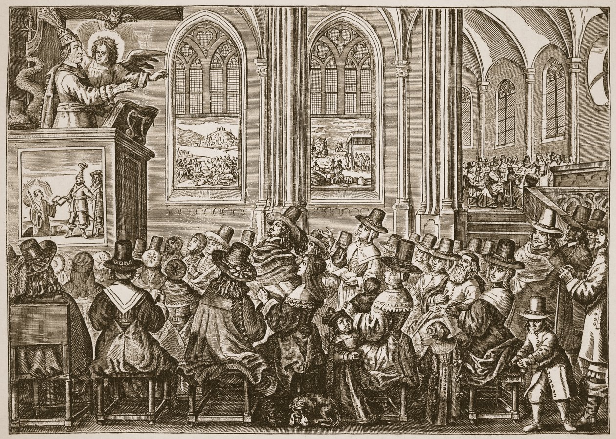 Oliver Cromwell pregando para uma congregação puritana, ilustração da Igreja da Inglaterra: Uma História para o Povo por HDM Spence-Jones, pub. c.1910 (foto sépia) de English School