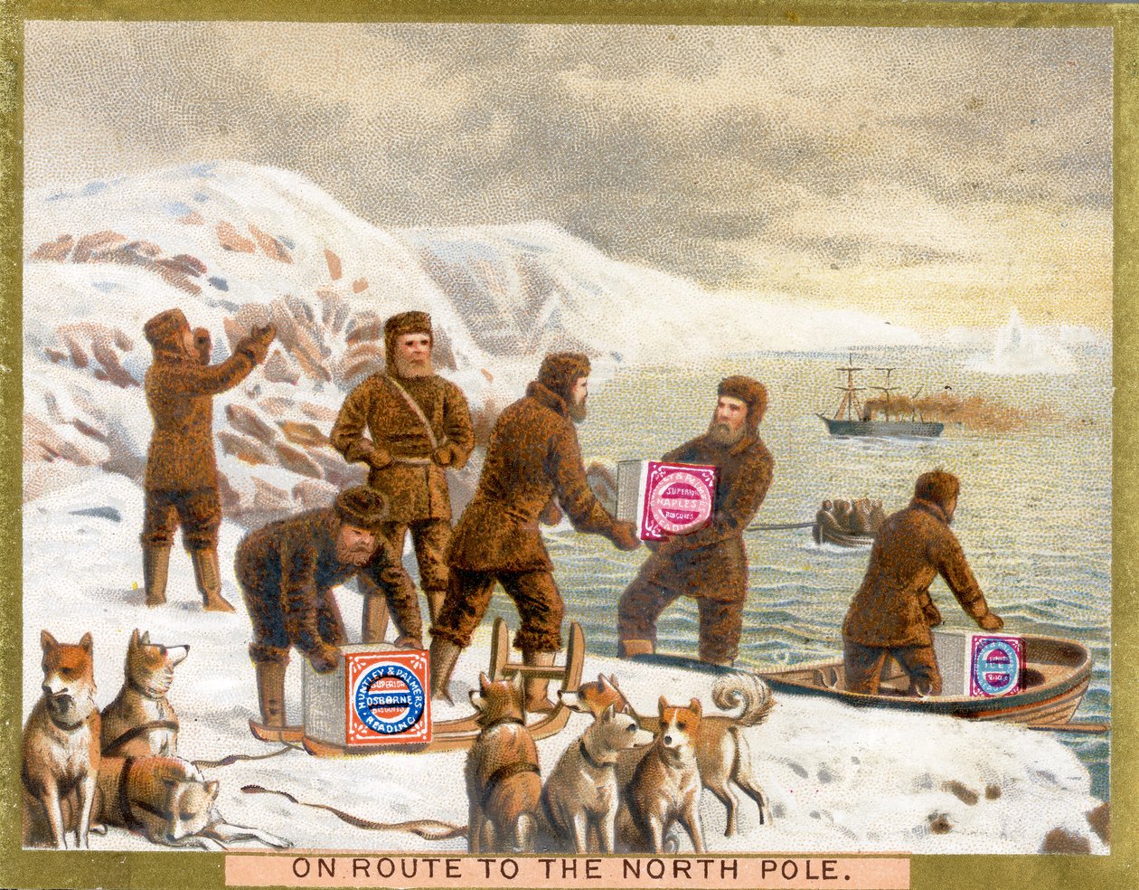 Na rota para o Pólo Norte, um cartão promocional para Huntley & Palmers Biscuits, c.1890 de English School
