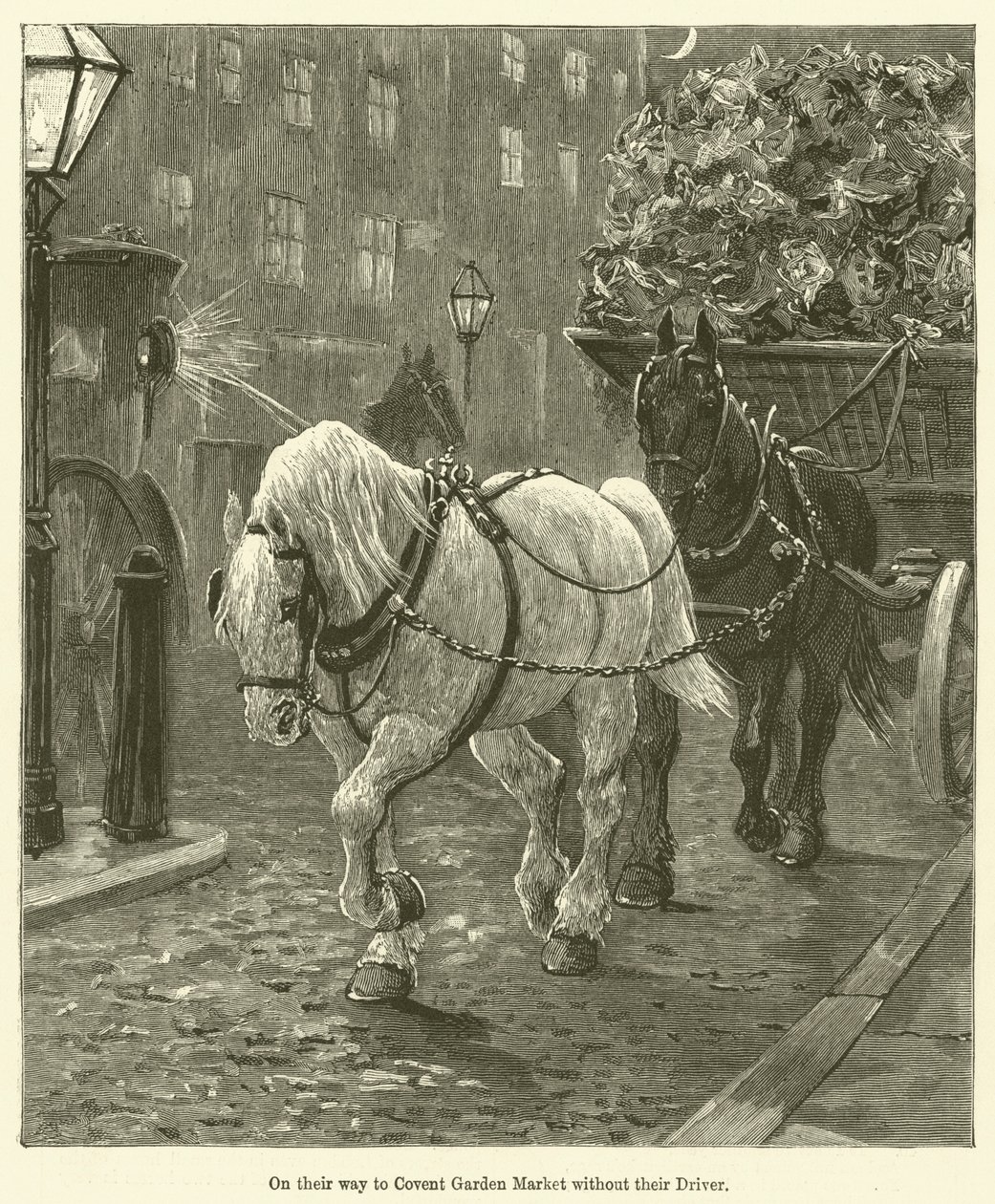 A caminho do mercado de Covent Garden sem o seu condutor (gravura) de English School