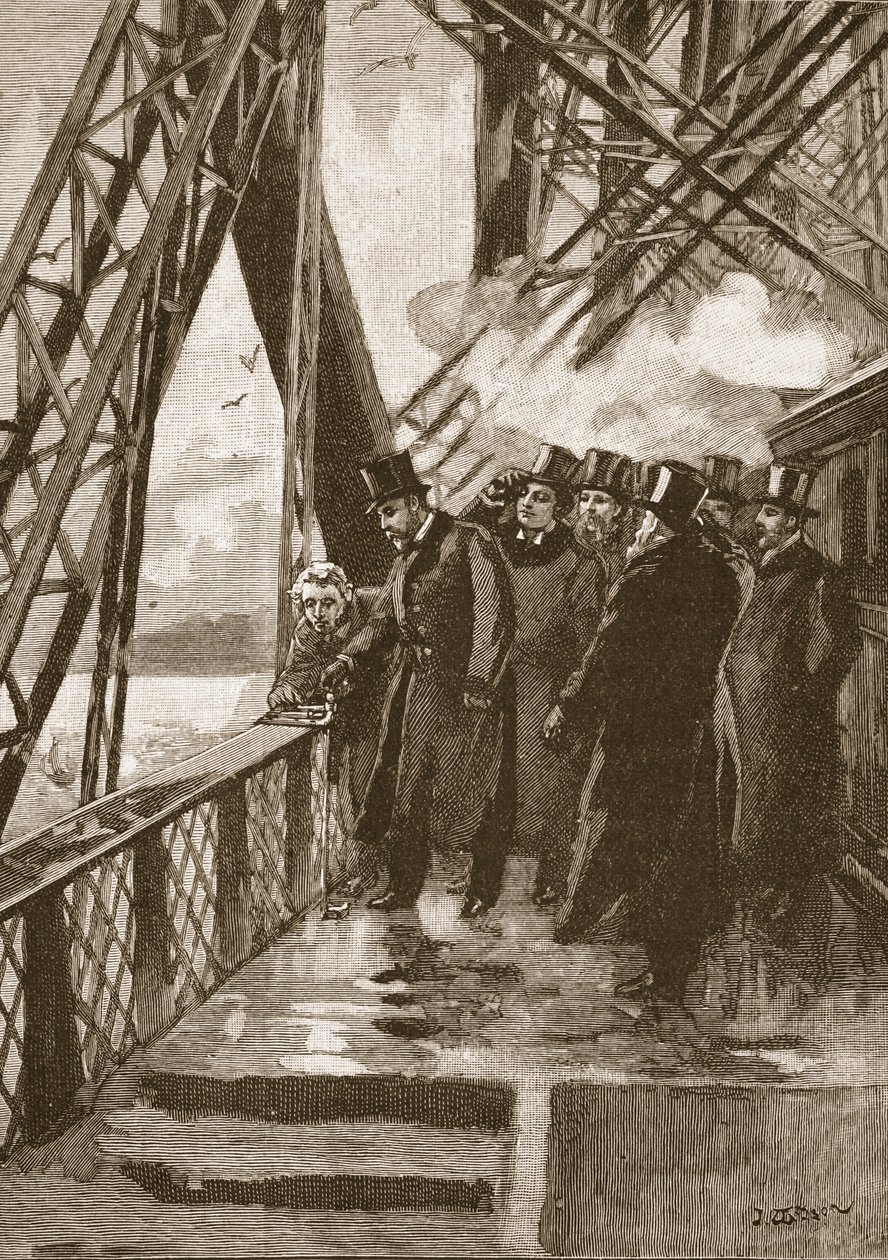 Abertura da Ponte Forth pelo Príncipe de Gales, 4 de março de 1890, ilustração da História Ilustrada de Cassells da Inglaterra (foto sépia) de English School