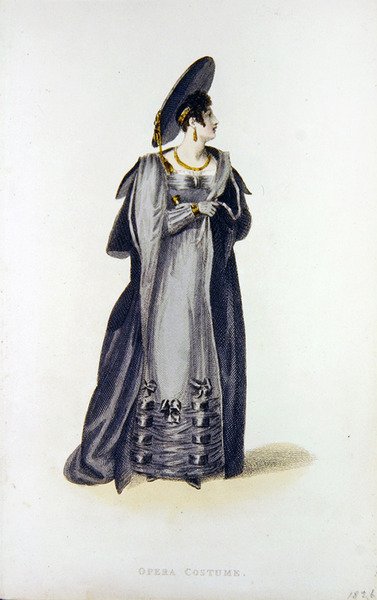 Fato de ópera, placa de moda do Repositório de Artes de Ackermann (gravura colorida) de English School