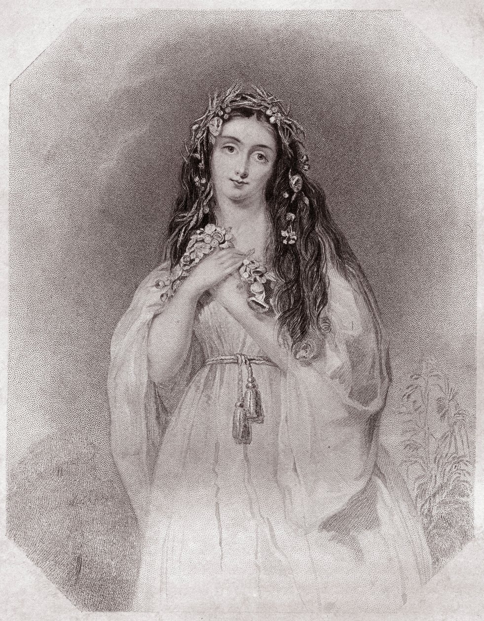 Ophelie (Ophelia) (Hamlet) in - "Galeria das Mulheres de Shakespeare, coleção de quarenta e cinco retratos sérios de artistas do início de Londres, enriquecidos com avisos críticos e literários" cerca de 1838 - da "Galeria das Mulheres de Shakespeare, Cole de English School