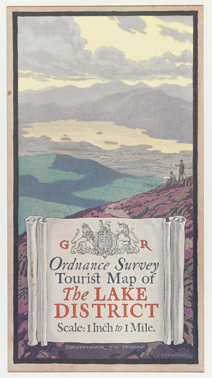 Mapa Turístico da Ordnance Survey do Lake District, c.1920 (lito colorido) de English School