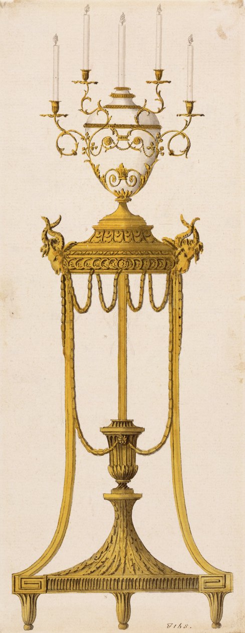 Design original para um tripé e vaso para velas, de "Works in Architecture", de Robert e J. Adam, 1773 de English School