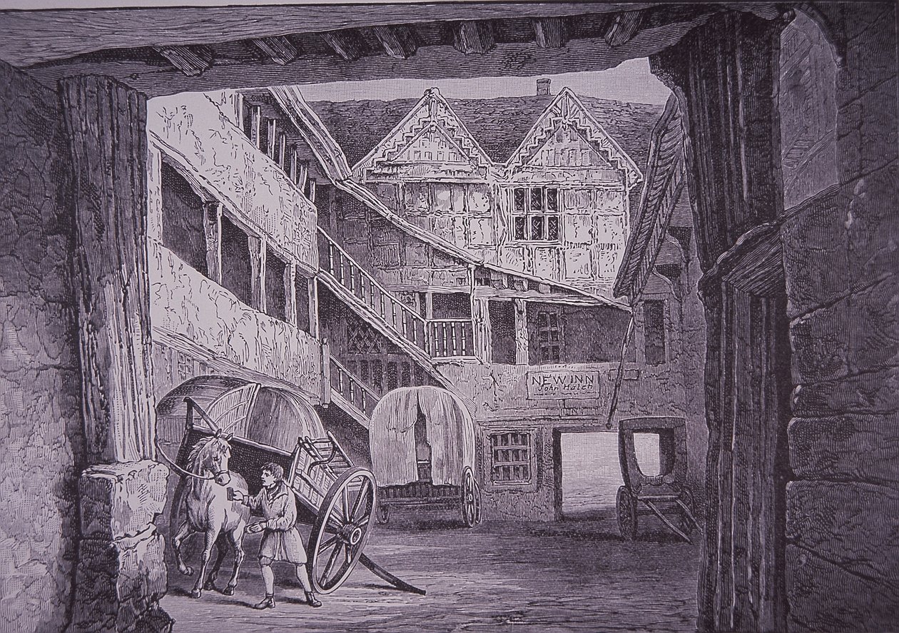 Ostler a cavalo no pátio do New Inn, Gloucester (gravura em madeira) de English School
