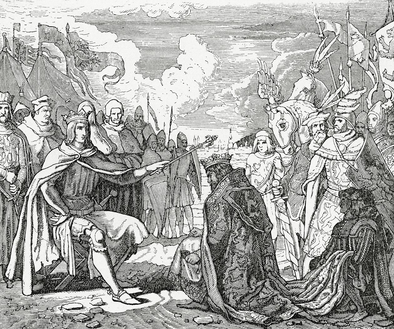 Ottokar II da Bohemia presta homenagem a Rudolph I, rei da Alemanha em 1276, 1882 de English School