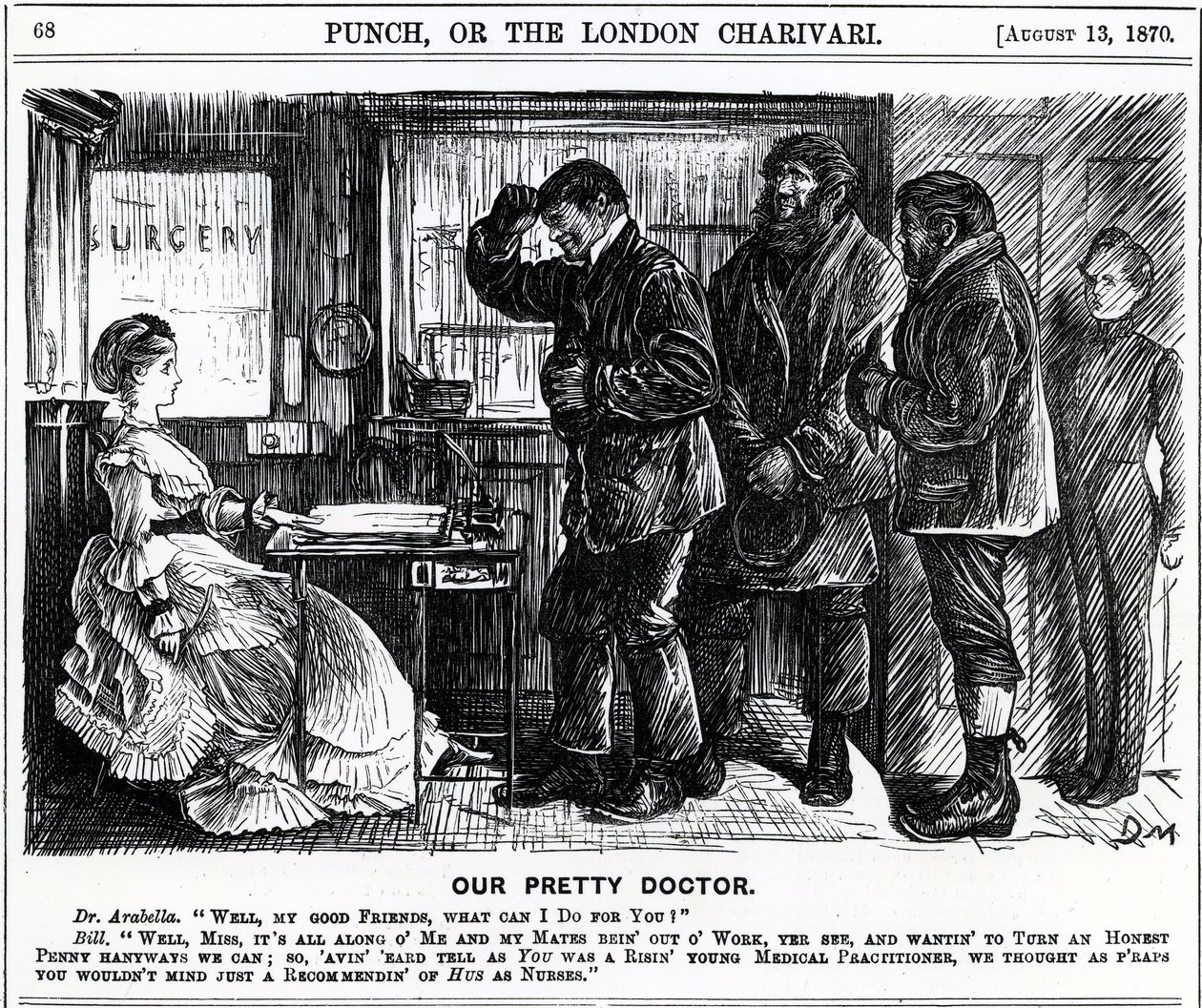 Our Pretty Doctor, publicado na Punch Magazine, 1870 de English School
