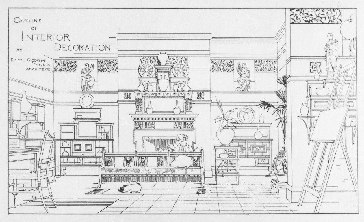 Esboço da decoração de interiores, projeto por EW Godwin, ilustração do arquiteto britânico, 1 de julho de 1881 de English School