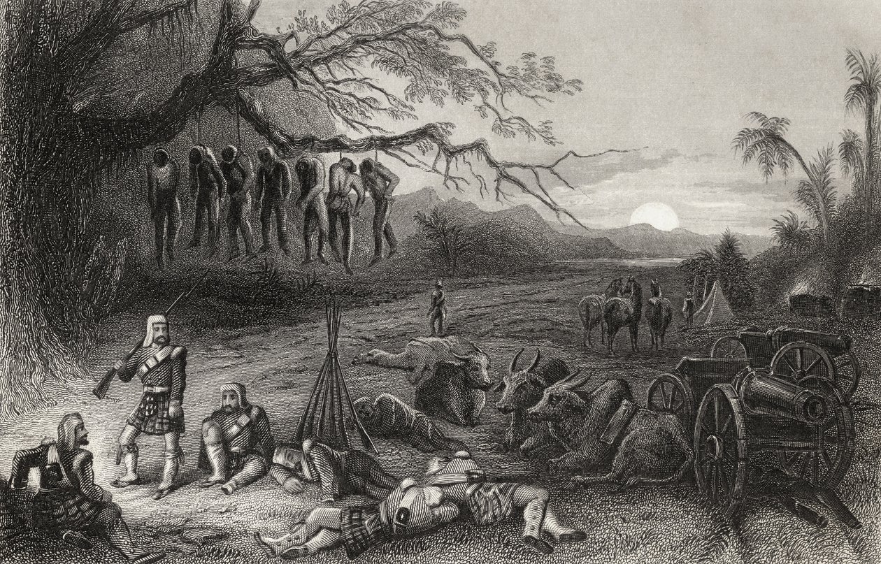 Piquete periférico da Brigada Highland em Benares, de "A História do Motim Indiano", publicado em 1858 de English School