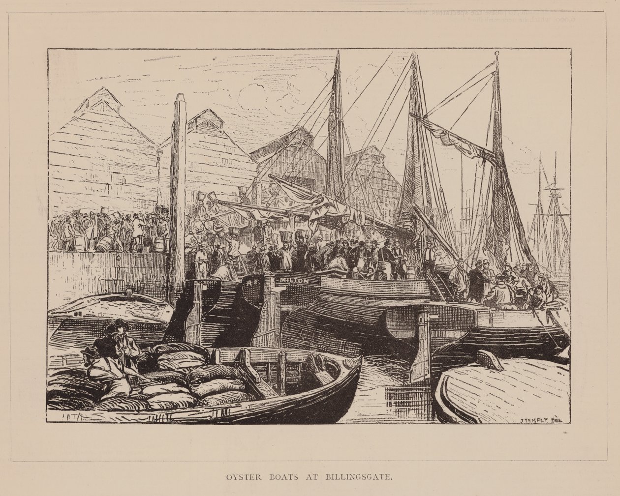 Barcos de ostras em Billingsgate (gravura) de English School