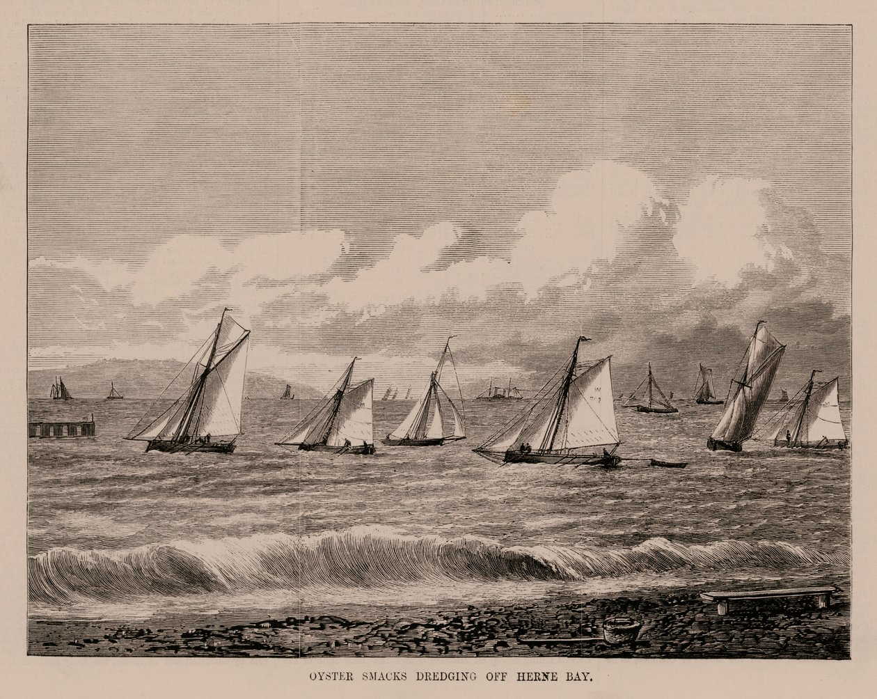 Dragagem de ostras ao largo de Herne Bay (gravura) de English School