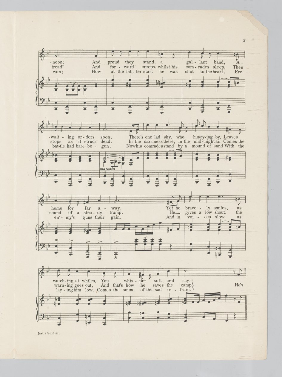 Página 3 de uma trilha sonora para a música Just a Soldier de English School