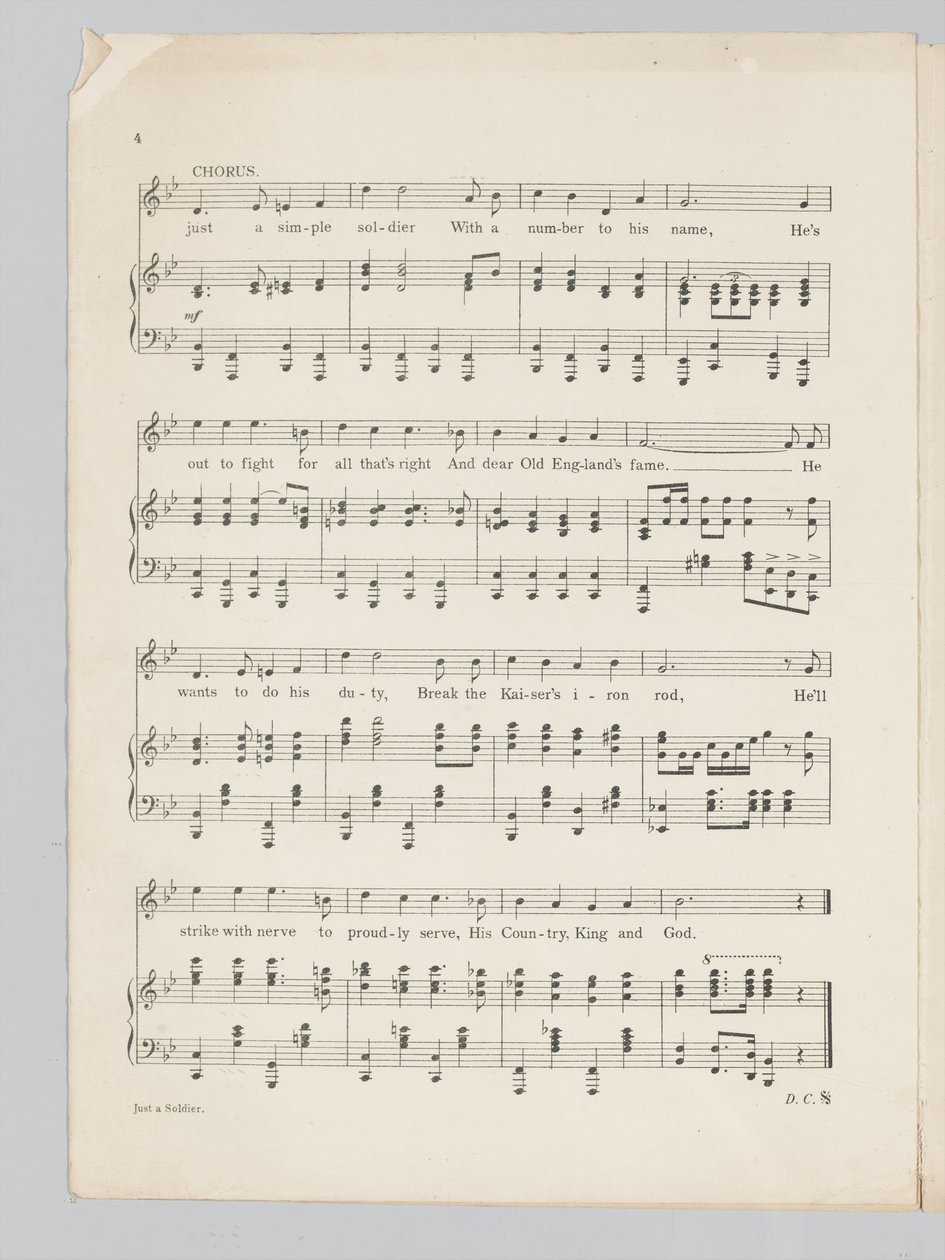 Página 4 de uma trilha sonora para a música Just a Soldier de English School