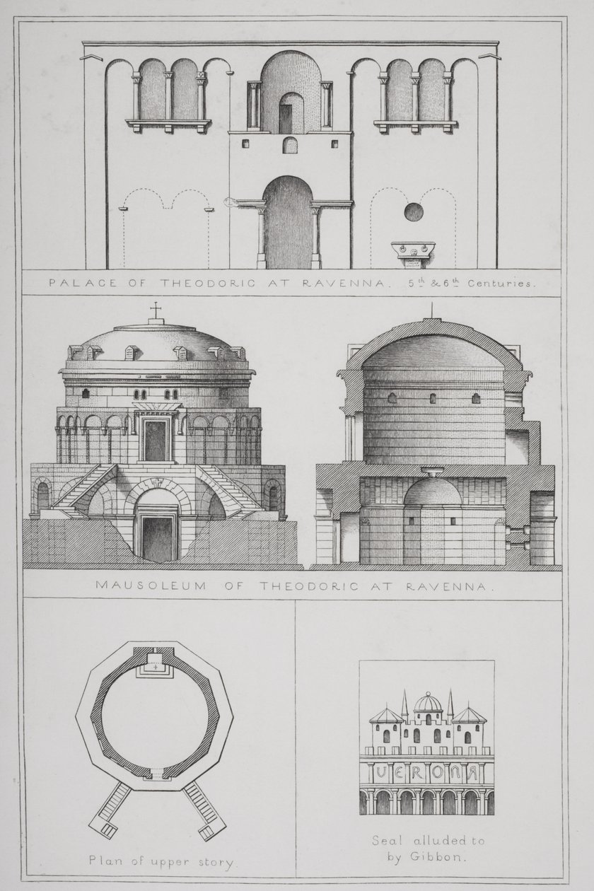 Palácio e Mausoléu de Teodorico (c.454-526) em Ravena, de &39;Agincourts History of Art por seus Monumentos de English School