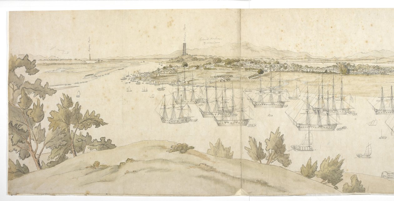 Panorama (metade esquerda) de Whampoa de Dane Island, com navios britânicos e americanos no ancoradouro de English School