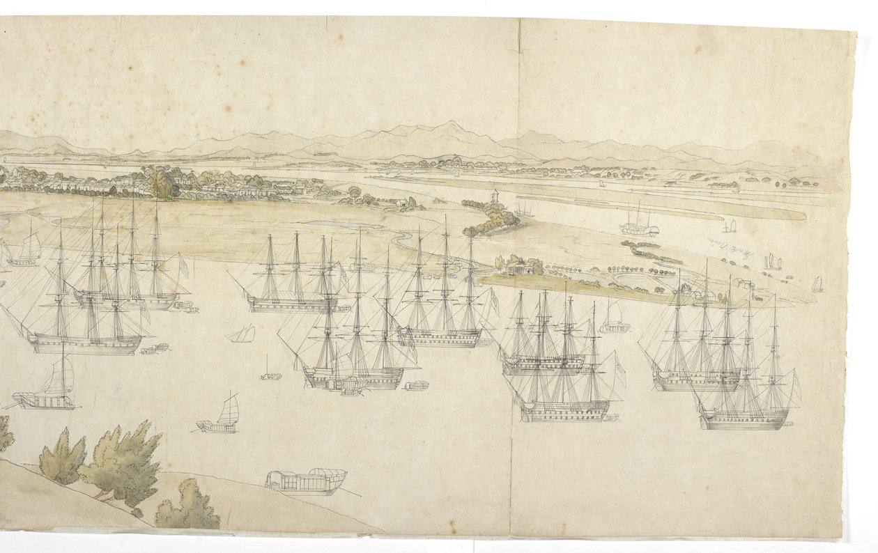 Panorama (metade direita) de Whampoa da Ilha Dane, com a navegação britânica e americana no ancoradouro de English School