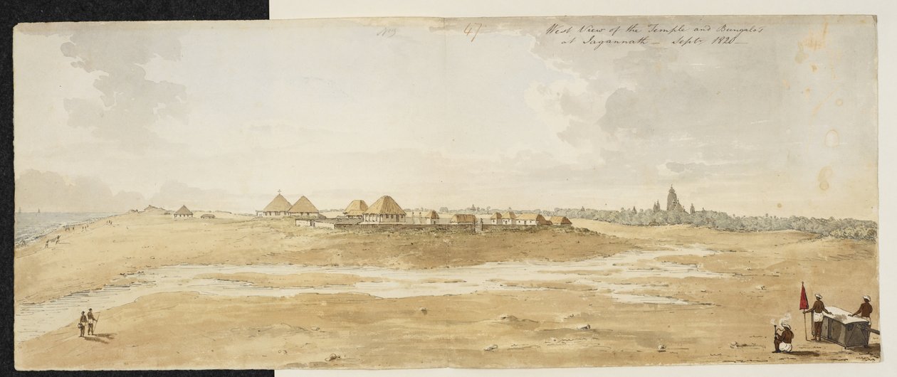 Panorama do Grande Templo de Jagannath, Puri (Orissa), tirado do oeste, mostrando bangalôs europeus em primeiro plano na costa marítima, Setembro de 1820 (aguarela sobre papel) de English School