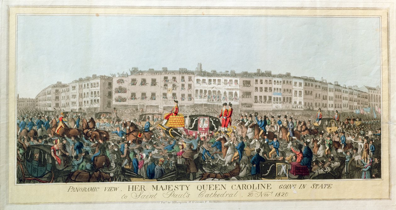Vista panorâmica. Sua Majestade a Rainha Caroline Indo para a Catedral de São Paulo, 20 de novembro de 1820, pub. 1821 (aquatinta sobre papel) de English School