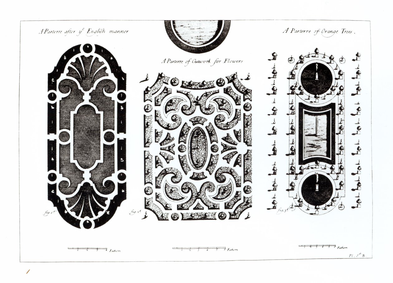 Parterre projeta, da teoria e da prática da jardinagem, por Antoine-Joseph Dezallier DArganville (1680-1765), publicado c.1709 de English School