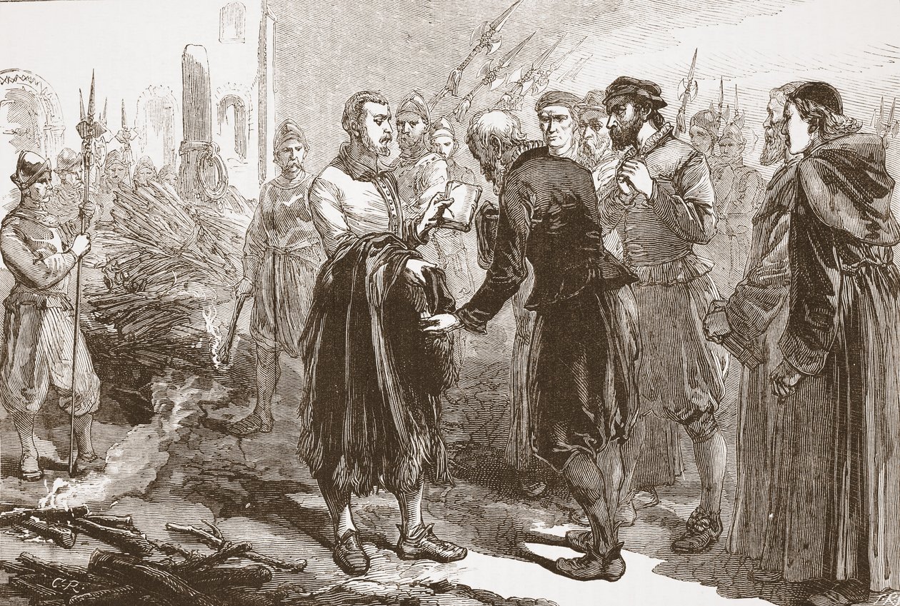 Parting de Patrick Hamilton de seus amigos na estaca, ilustração da história do protestantismo por James Aitken Wylie (1808-1890), bar. 1878 de English School