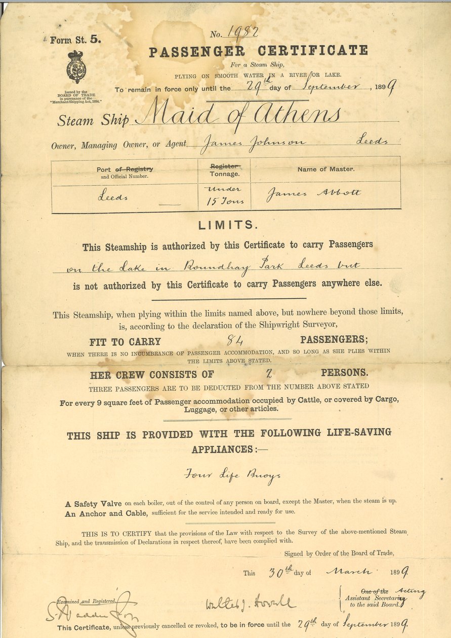 Certificado de passageiro para navio a vapor The Maid of Athens de English School