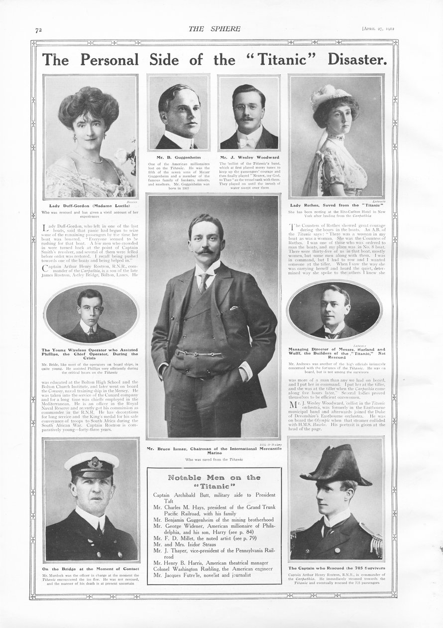 Passageiros no RMS Titanic, fotografias e informações sobre pessoas notáveis ligadas ao Titanic, de The Sphere, 27 de abril de 1912 de English School