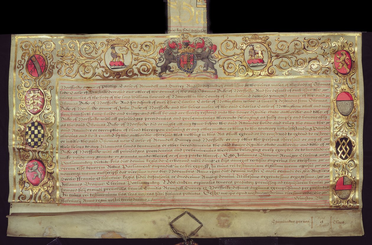 Patente para a restauração do ducado de Norfolk, por Charles II, 1660 (tinta e folha de ouro sobre velino) de English School