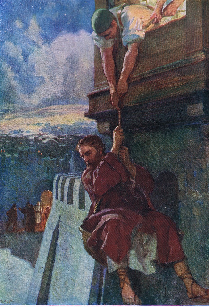 A fuga de Paulo de Damasco, de The Bible Picture Book publicado por Thomas Nelson, c.1950 (color litho) de English School
