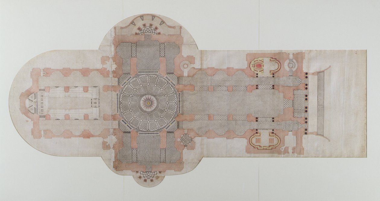 Plano de pavimentação da Catedral de São Paulo, conforme executado, c.1710 (caneta e tinta para lavar no papel) de English School