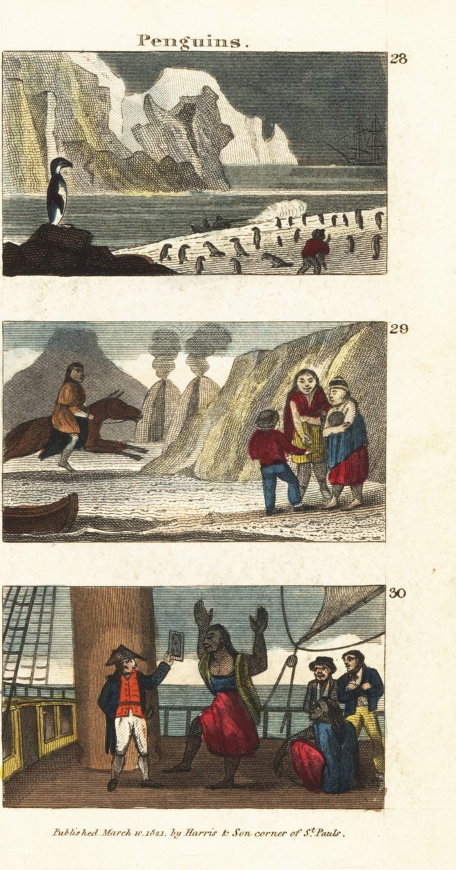 Pinguins na América do Sul 28, gigantes patagônicos em peles de animais 29 e patagônios encantados com a visão de um espelho no navio 30 do Capitão Samuel Wallis de English School