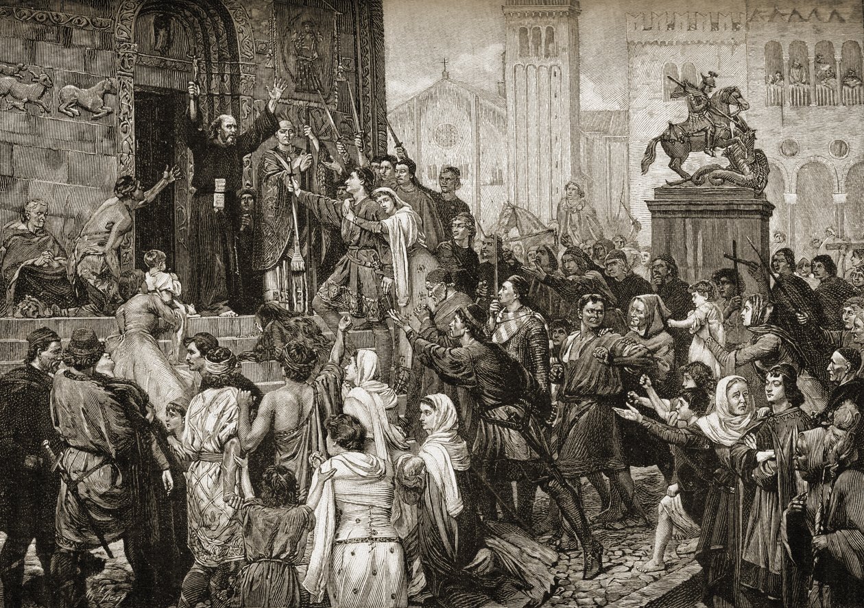Pedro, o Eremita (1050-1115) pregando durante a Primeira Cruzada em 1095 de English School