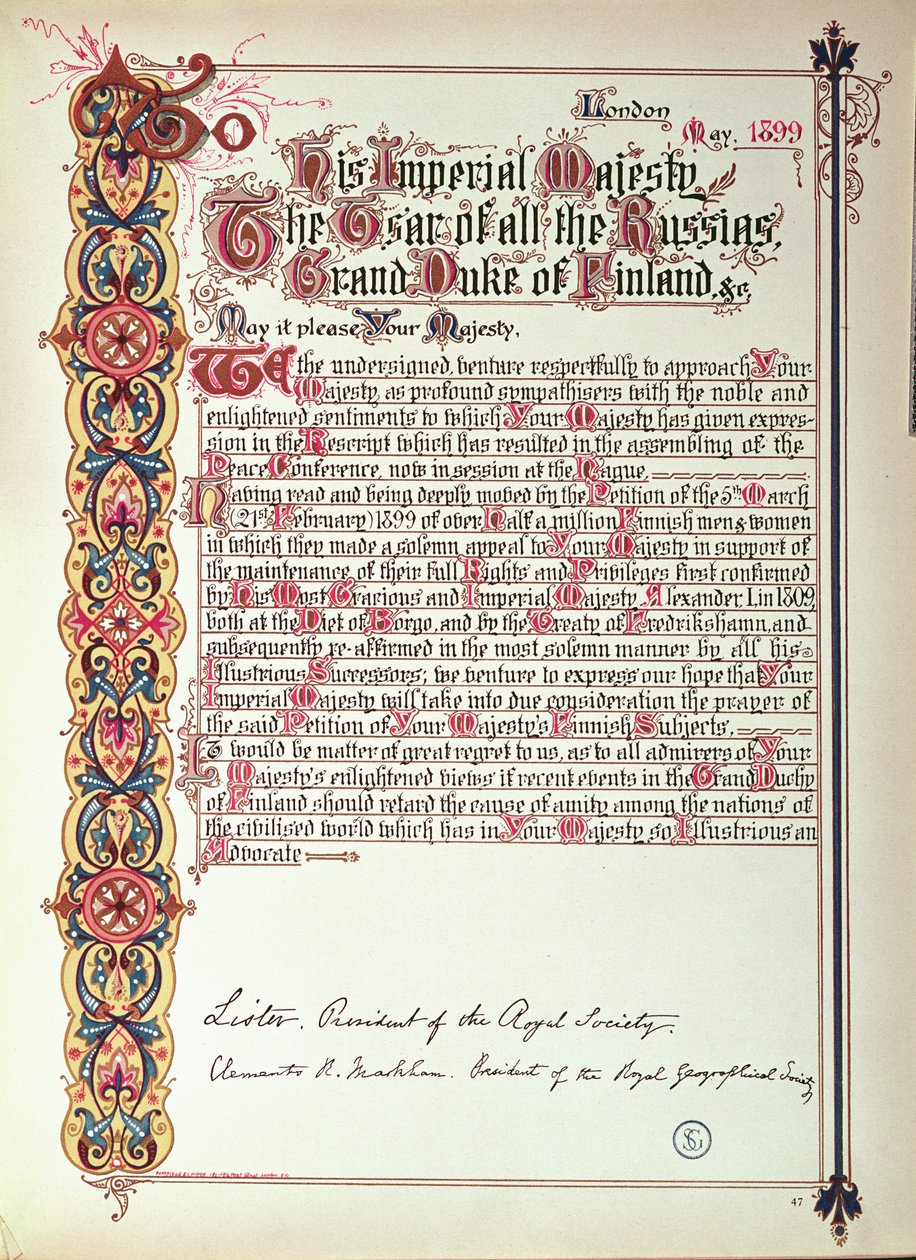 Petição ao czar Nicolau II da Rússia protestando contra a russificação da Finlândia, em 1899 (livro iluminado) de English School