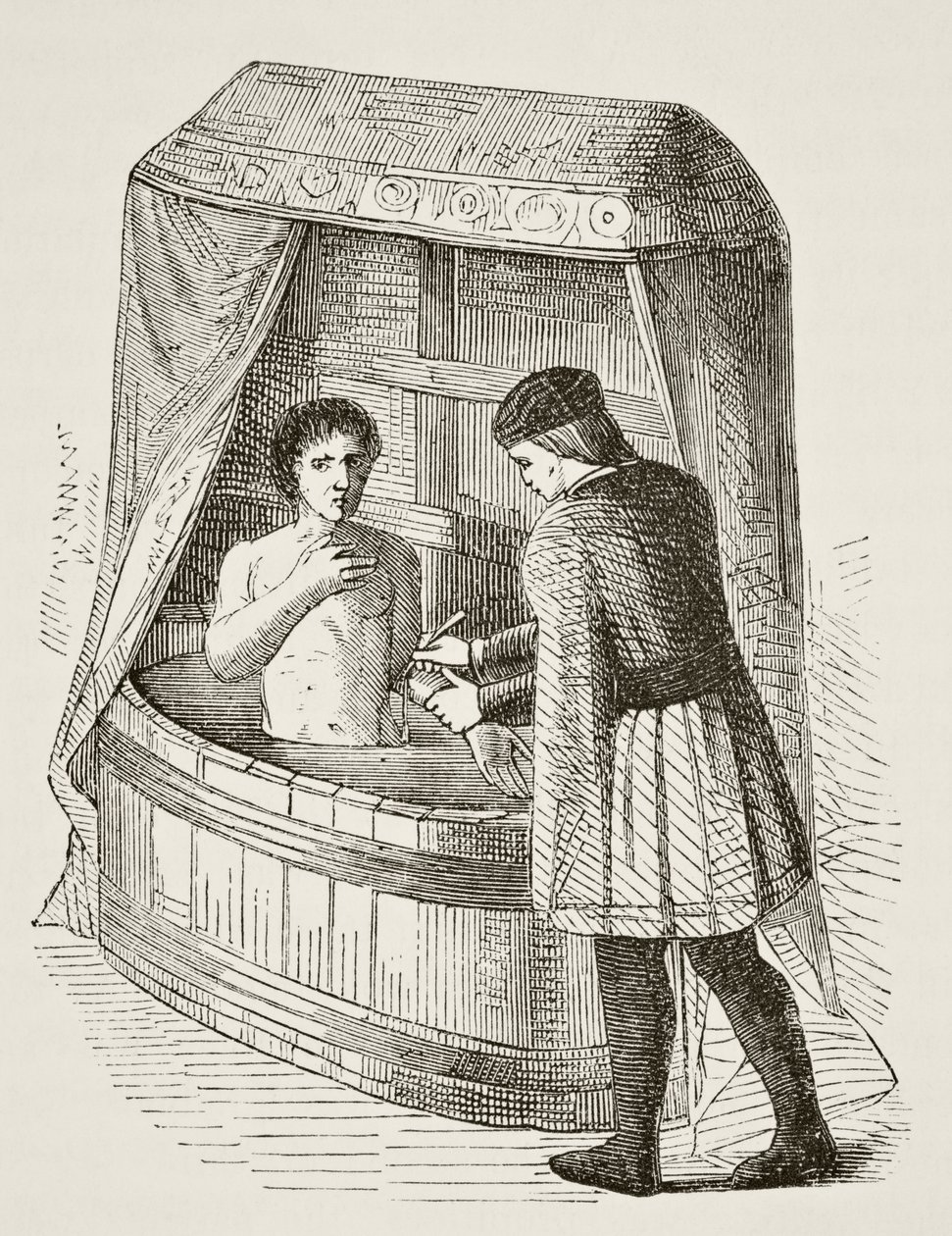 Médico sangrando um paciente no século 15, de "A História Nacional e Doméstica da Inglaterra", de William Hickman Smith Aubrey (1858-1916), publicado em Londres, c.1890 de English School